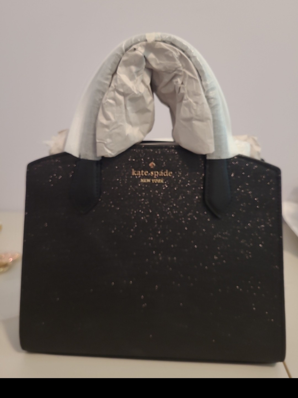 kate spade Black Glitter Satchel with Gold Logo